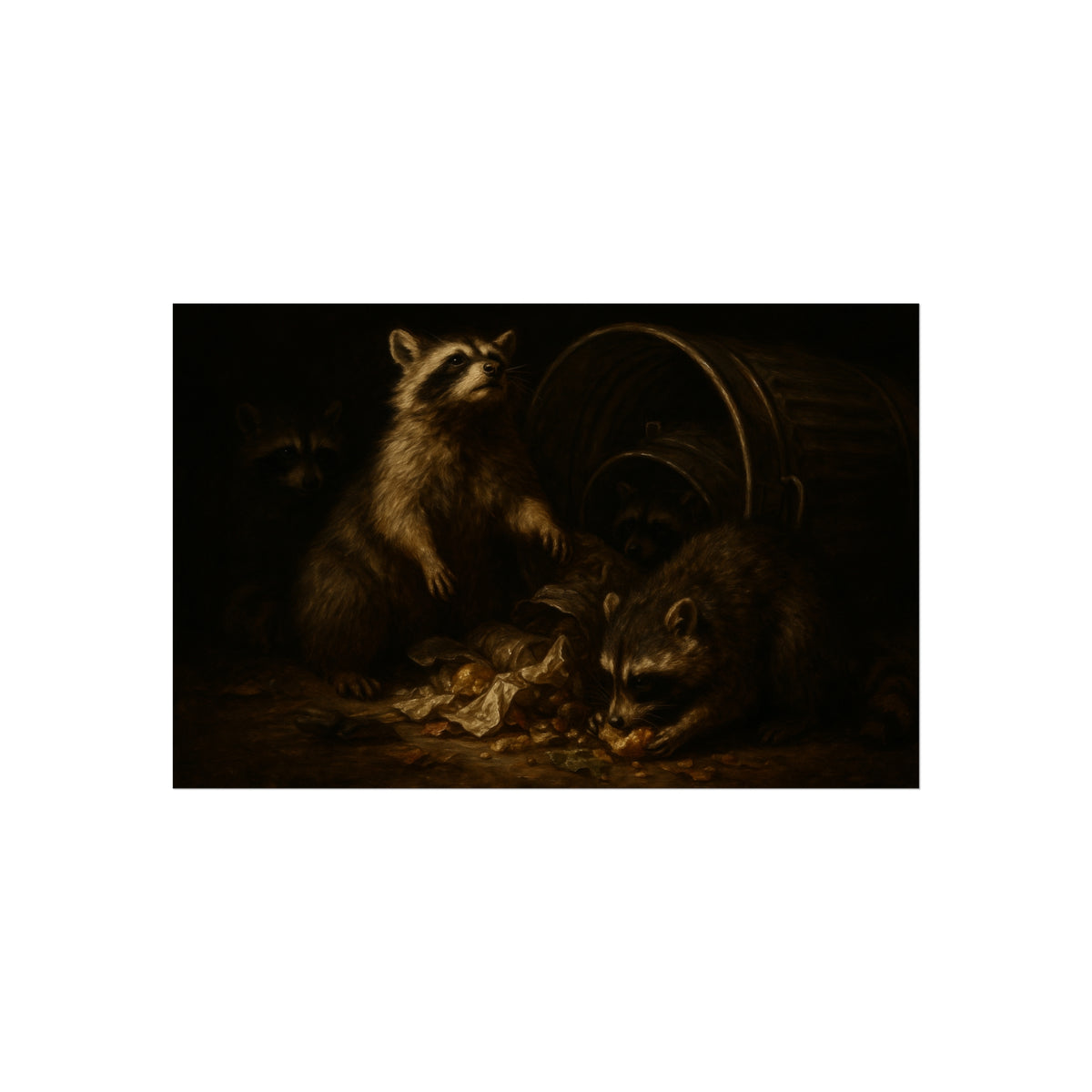 Raccoons feeding on scraps around a tipped metal trash can in the dark. The Calling of St. Trash by Garabaggio, fine art print hanging in a room.