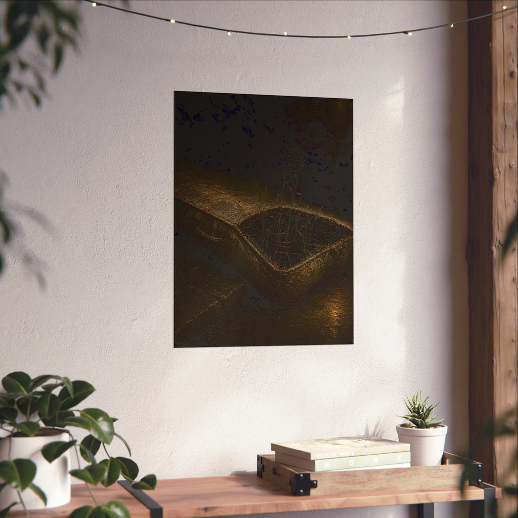 Weeds growing through a torn mattress left at a wet curb at night. The Rooting of Weeds by Garabaggio, fine art print hanging in a room.