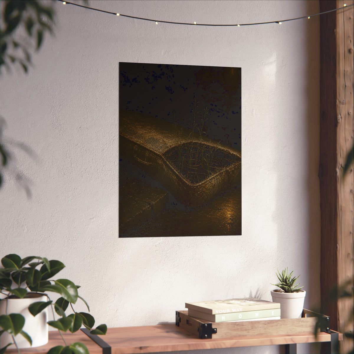 Weeds growing through a torn mattress left at a wet curb at night. The Rooting of Weeds by Garabaggio, fine art print hanging in a room.