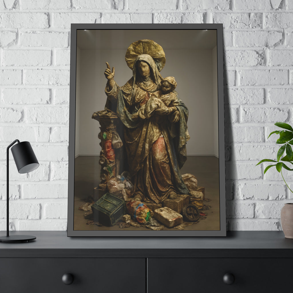 A standing veiled figure holding a child, refuse piled around the base. The Virgin of the Landfill by Garabaggio, framed fine art print hanging in a room.