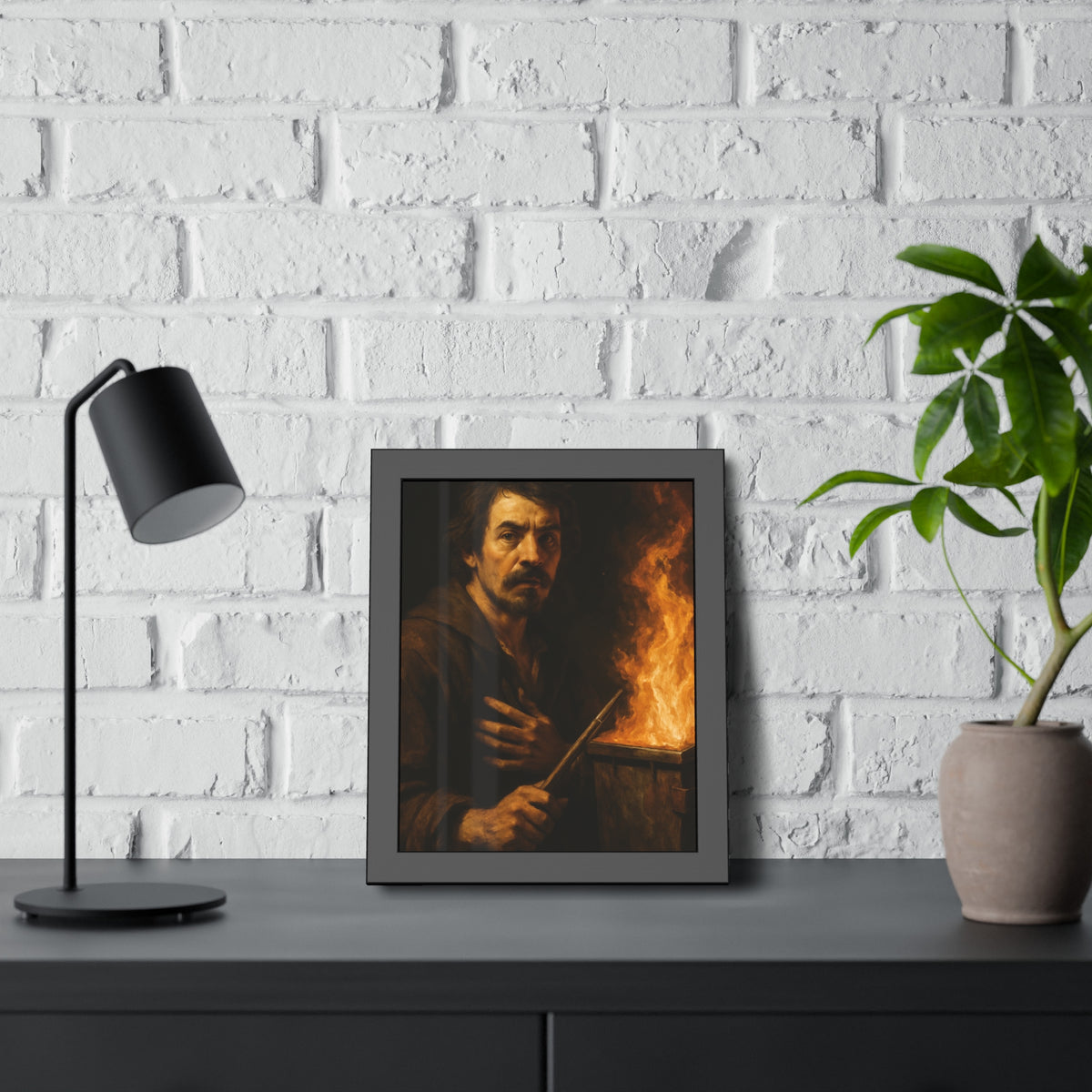 Man holding a long wooden stick, hand on chest, before a burning bin. Self-Portrait with Mahlstick by Garabaggio, framed fine art print hanging in a room.