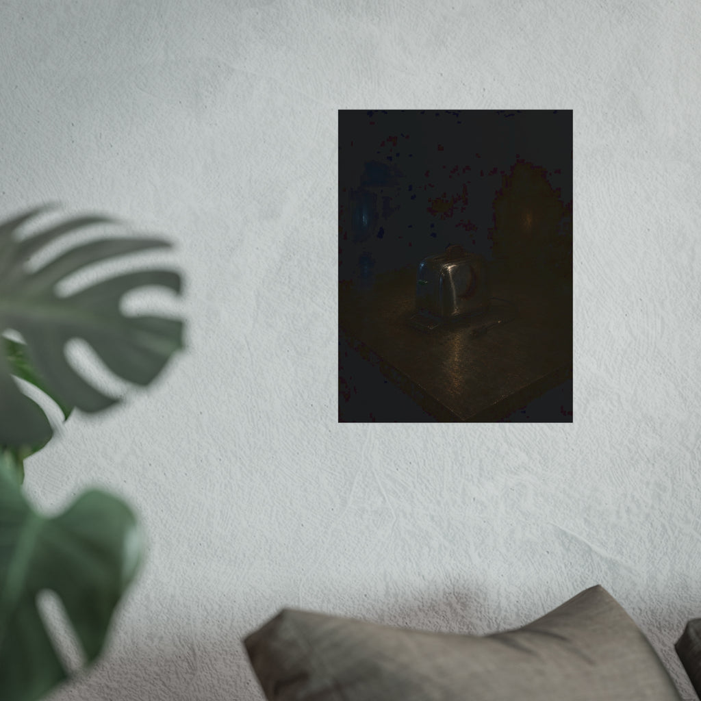 A scorched chrome toaster alone on a metal counter in a dark room. The Cooling on Steel by Garabaggio, fine art print hanging in a room.