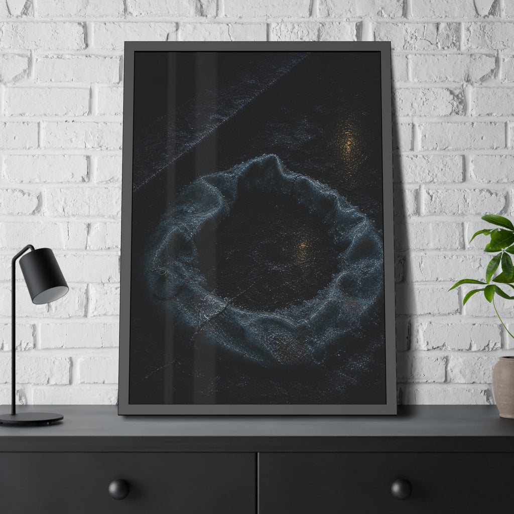 A deflated ring float collapsed on wet pavement under distant amber light. The Freezing of the Smile by Garabaggio, framed fine art print hanging in a room.