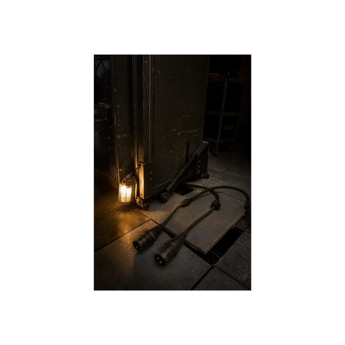 Two thick power cables unplugged on the floor beside a caged work lamp. The Redundant Power by Garabaggio, fine art print, 24″ x 36″.