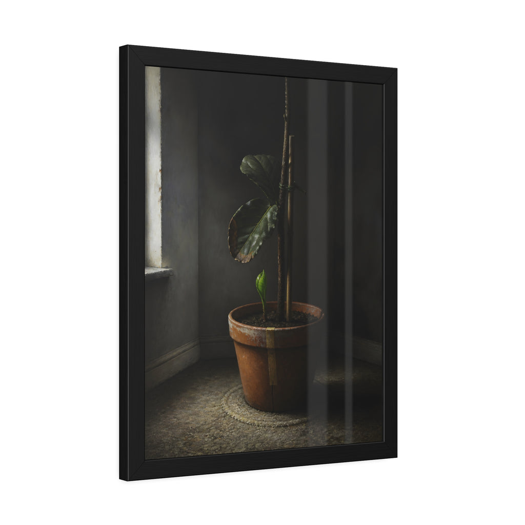 A potted plant down to two curled leaves and one new sprout by a window. The Corner by the Window Again by Garabaggio, framed fine art print hanging in a room.
