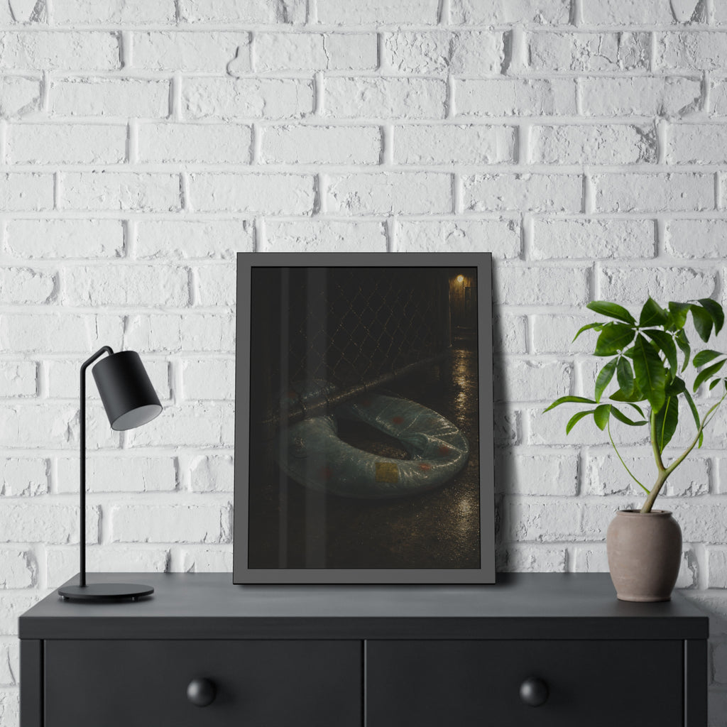 A deflated ring float pushed under a chain link fence in a wet alley. The Escape Beneath the Fence by Garabaggio, framed fine art print hanging in a room.