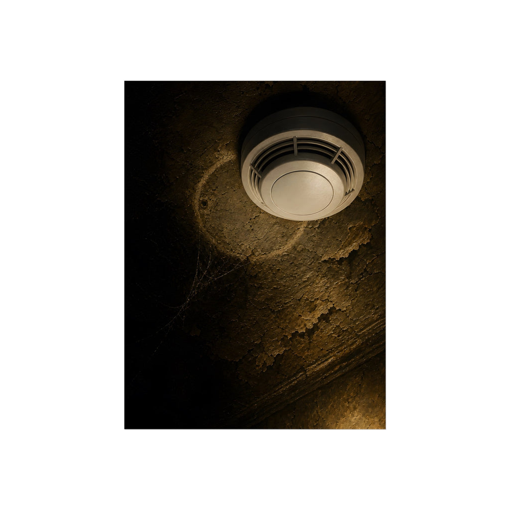 A new smoke detector on a stained ceiling next to an old mounting ring. The New Detector by Garabaggio, fine art print, 12″ x 16″.
