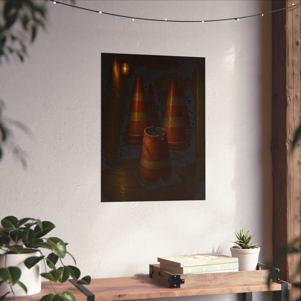 Stacked traffic cones behind a crushed one under a caged wall lamp. The Multiplication of Cones by Garabaggio, fine art print hanging in a room.