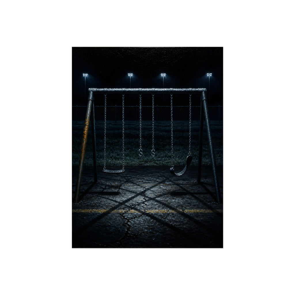 An empty swing set with a rusted leg on cracked asphalt. The Second Hour: The Rust Shaped Like a Hand by Garabaggio, fine art print, 12″ x 16″.