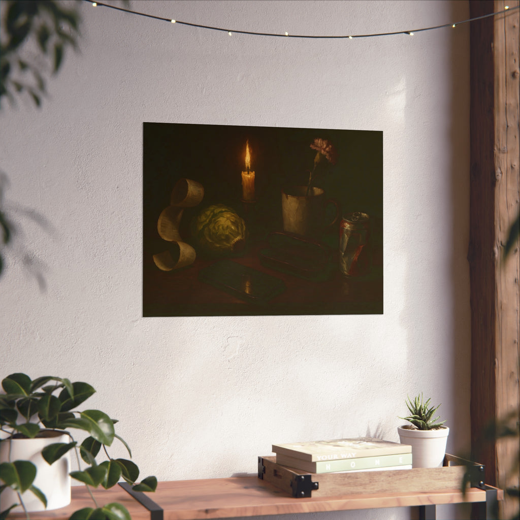 A candle, lettuce head, curled receipt and can on a dim table. Vanitas with Receipts and Wilted Lettuce by Garabaggio, fine art print hanging in a room.