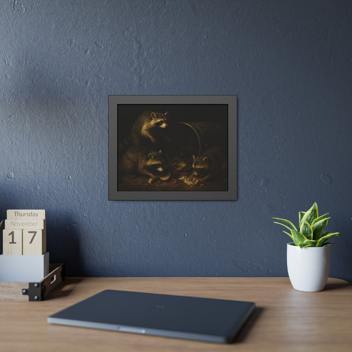 Raccoons at a tipped metal pail, one gnawing a melon rind in the dark. The Supper at the Alleyway by Garabaggio, framed fine art print hanging in a room.
