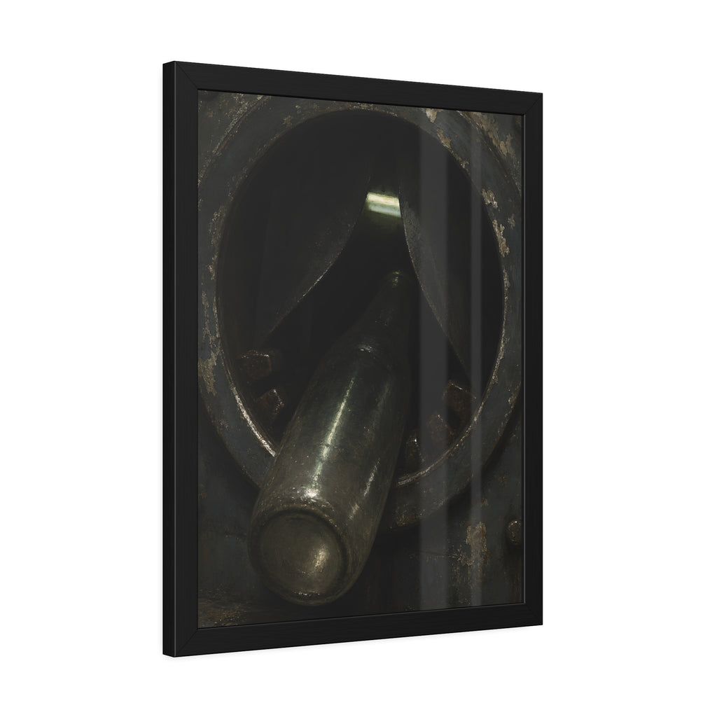 A glass bottle wedged in the round steel intake of a crushing machine. The Crusher's Mouth by Garabaggio, framed fine art print hanging in a room.