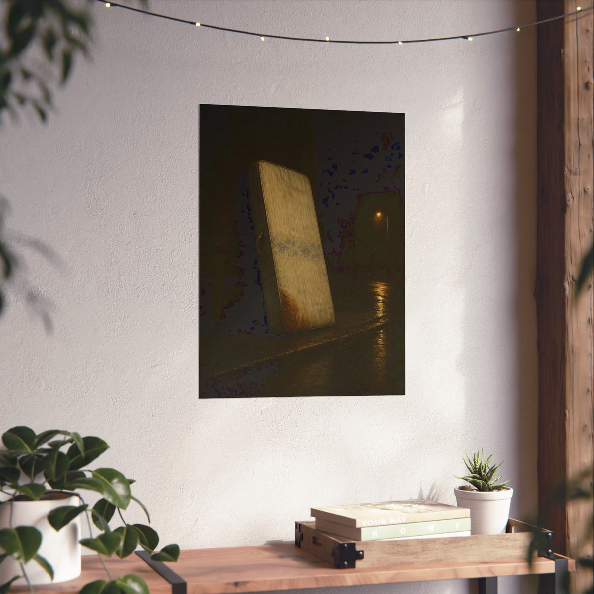 A stained mattress propped on a brick wall along a wet night street. The Presentation Against the Brick by Garabaggio, fine art print hanging in a room.