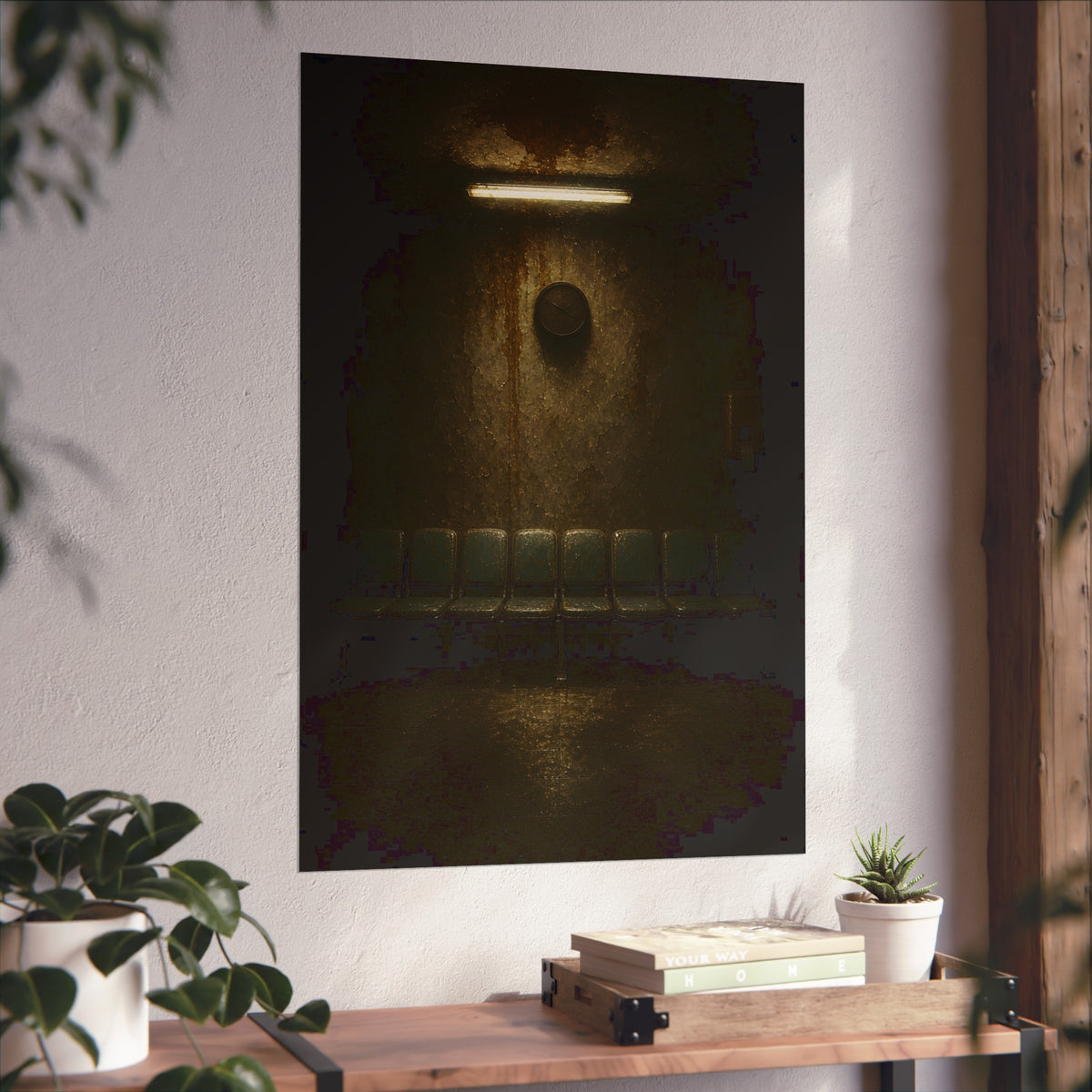 Empty waiting room seats below a stained wall clock and a strip light. Afternoon Without Movement by Garabaggio, fine art print hanging in a room.