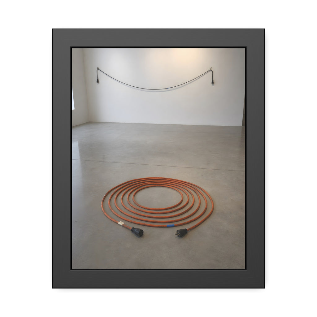 An orange extension cord coiled in a spiral on a bare gallery floor. The Floor Coil by Garabaggio, framed fine art print, 11″ x 14″.