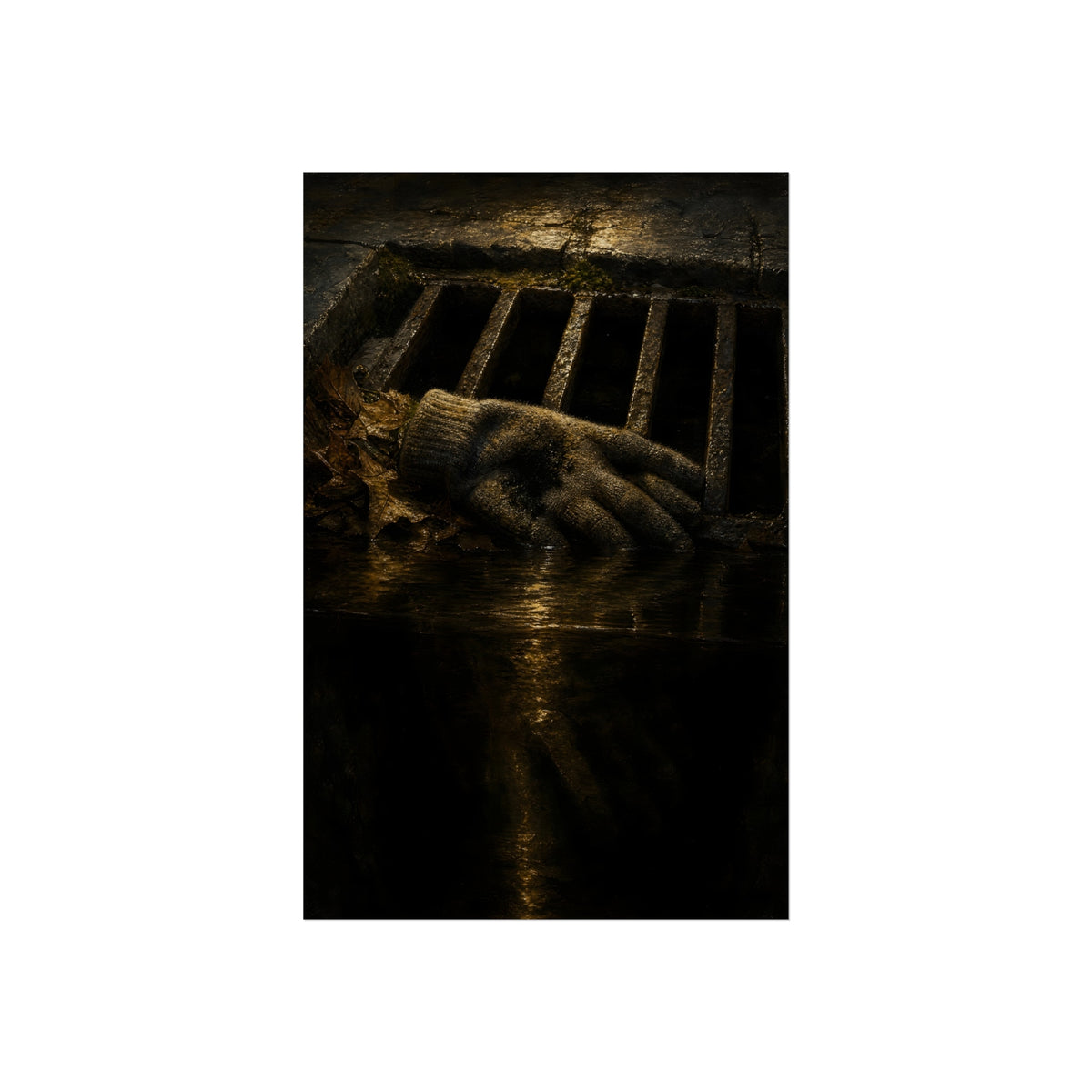 A single work glove on a storm drain grate above dark standing water. The Descent Into the Drain by Garabaggio, fine art print hanging in a room.