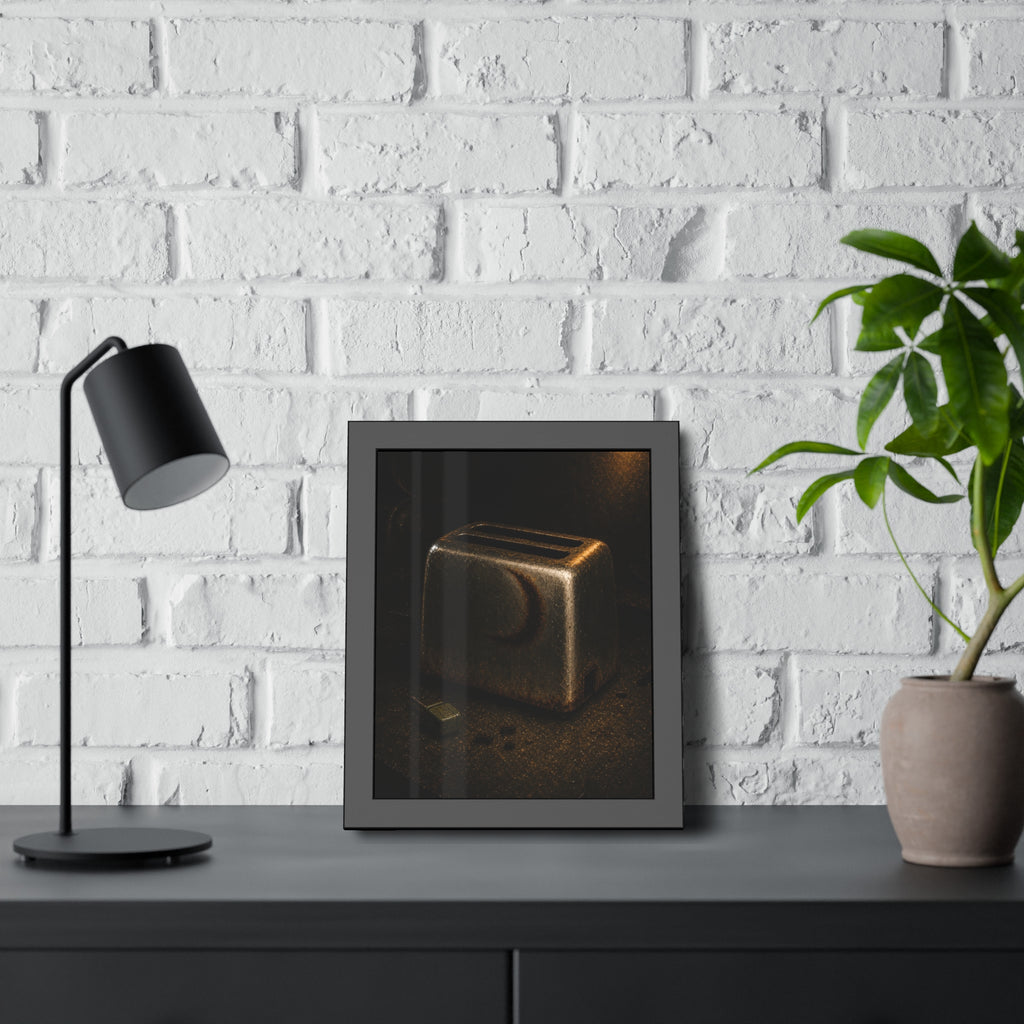 A scorched toaster on a dark counter with crumbs and its plug beside it. Shell Without Heat by Garabaggio, framed fine art print hanging in a room.