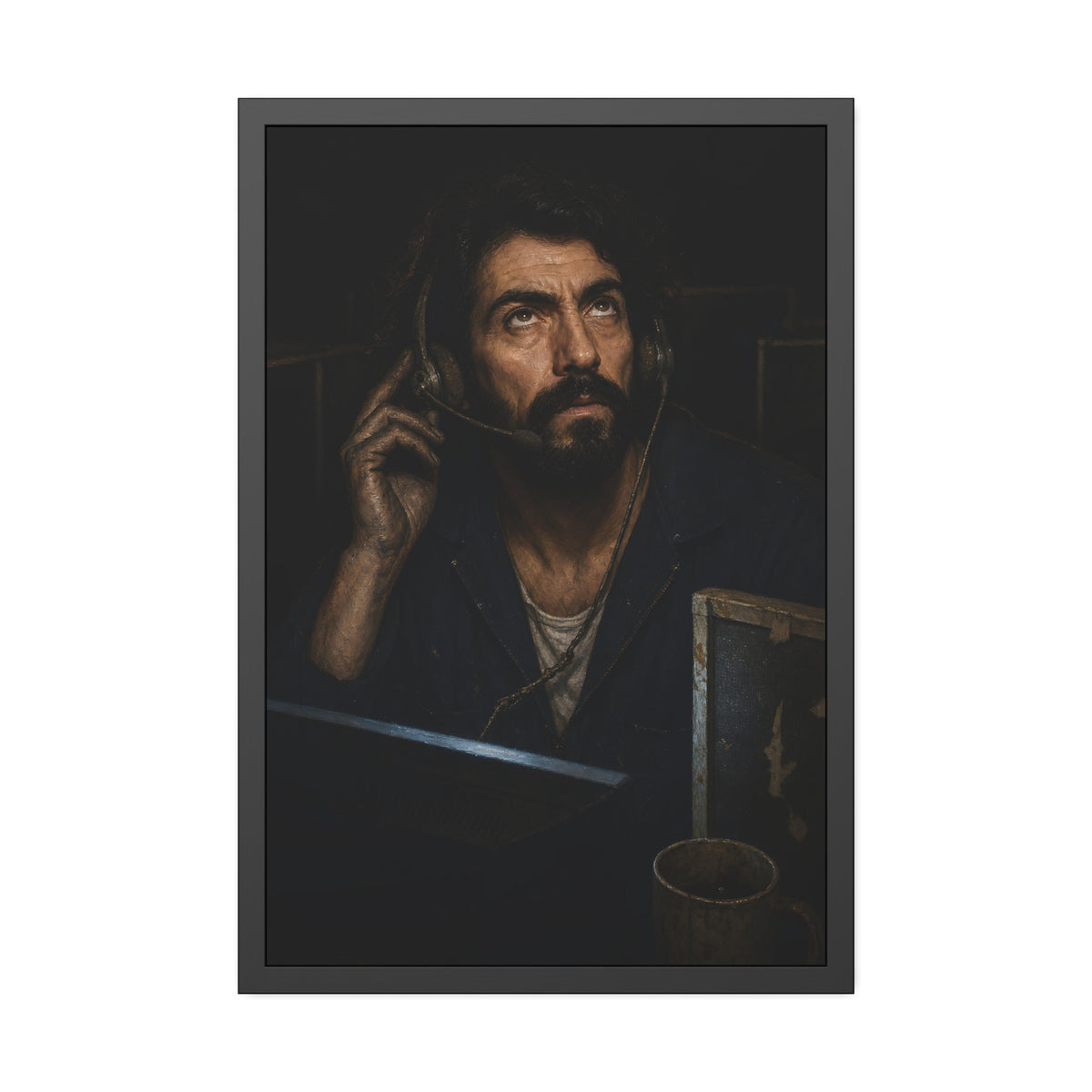 A man in a phone headset looks upward over the glow of a monitor. Garabaggio on Hold by Garabaggio, framed fine art print, 24″ x 36″.