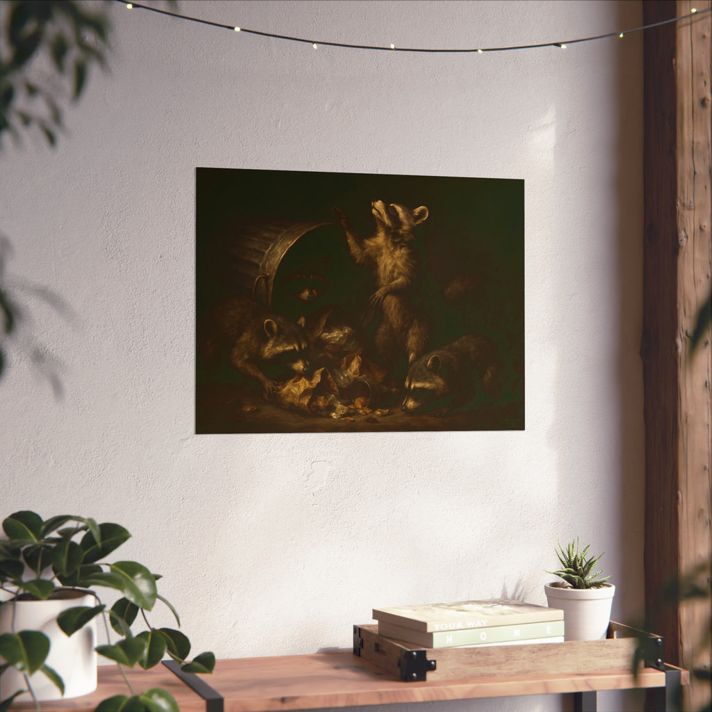 Raccoons around a fallen trash can, one rearing up with a raised paw. The Supper of Shadows by Garabaggio, fine art print hanging in a room.