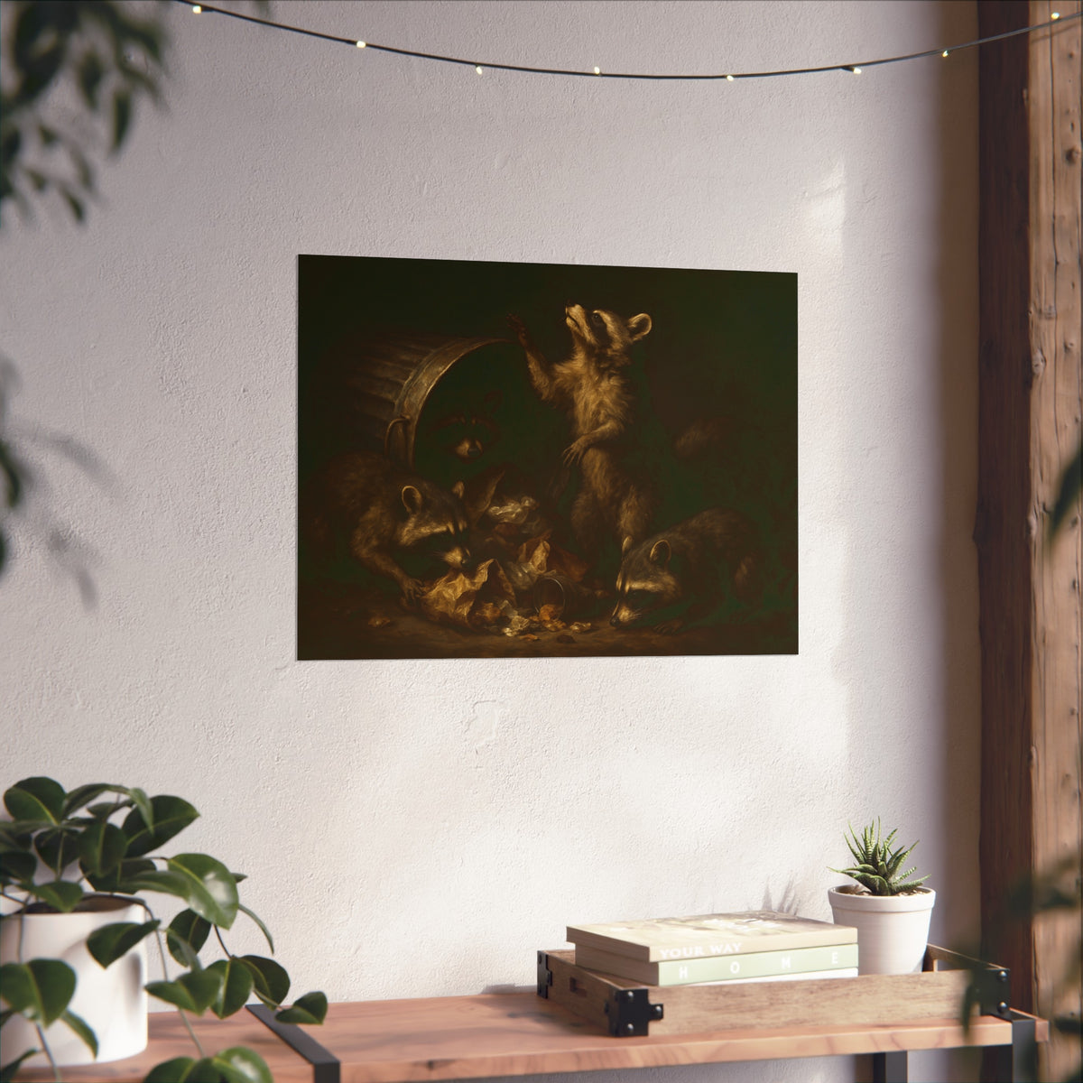 Raccoons around a fallen trash can, one rearing up with a raised paw. The Supper of Shadows by Garabaggio, fine art print hanging in a room.