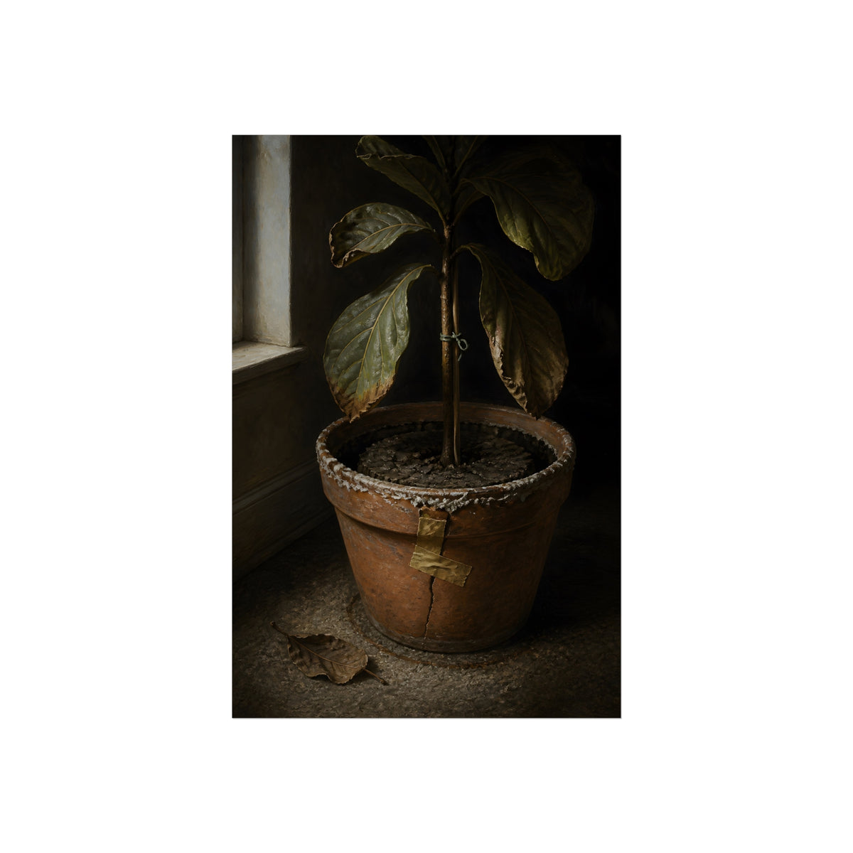 A drooping potted plant in a cracked terracotta pot beside a window. The Missed Watering by Garabaggio, fine art print, 24″ x 36″.
