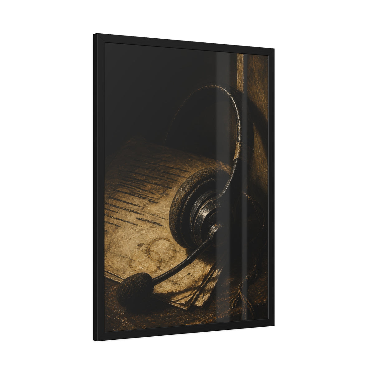 A worn headset resting on a printed script page with coffee rings. The Script Beside the Mouthpiece by Garabaggio, framed fine art print hanging in a room.