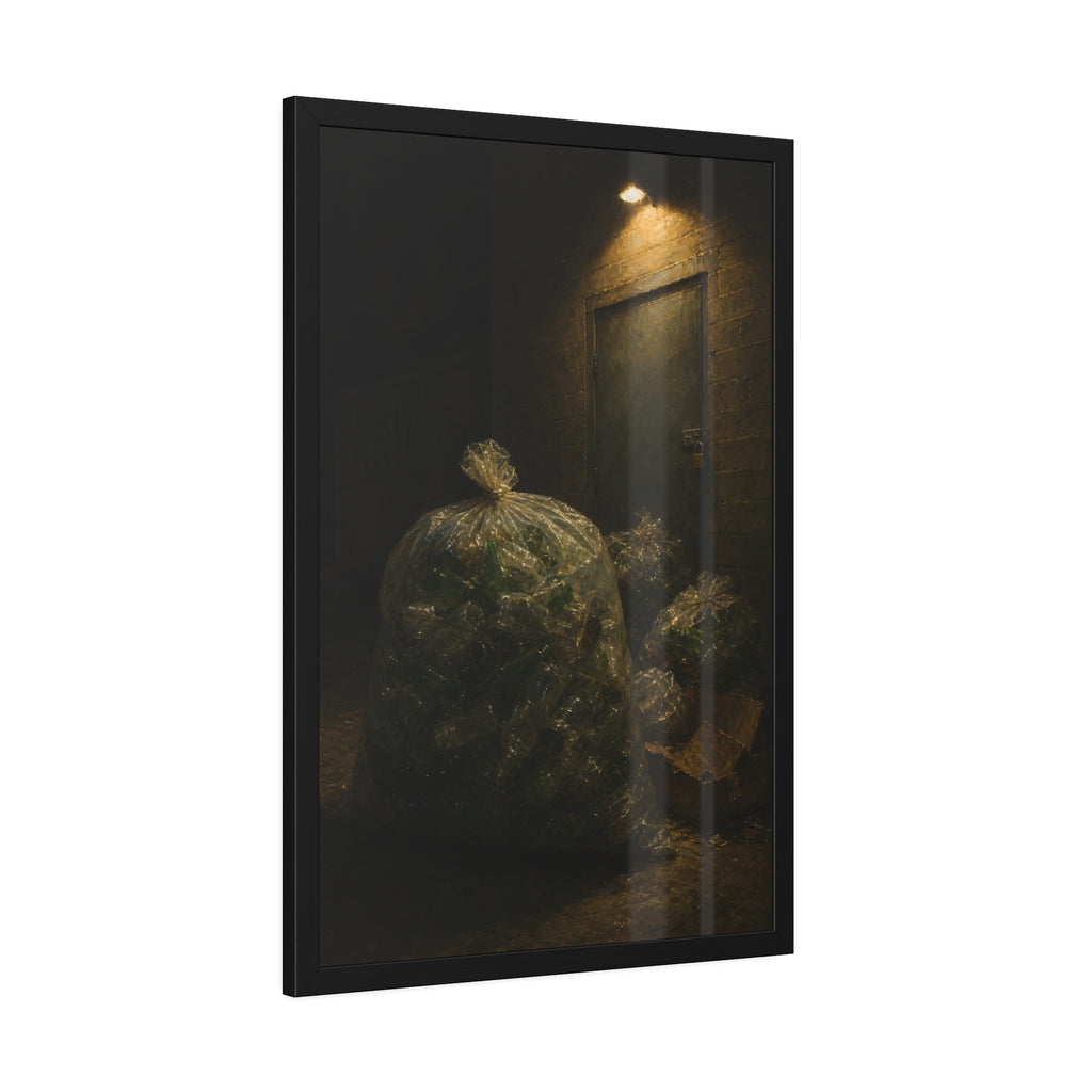 Clear bags of empty bottles piled by a padlocked door under a wall lamp. The Gathering of Empties by Garabaggio, framed fine art print hanging in a room.