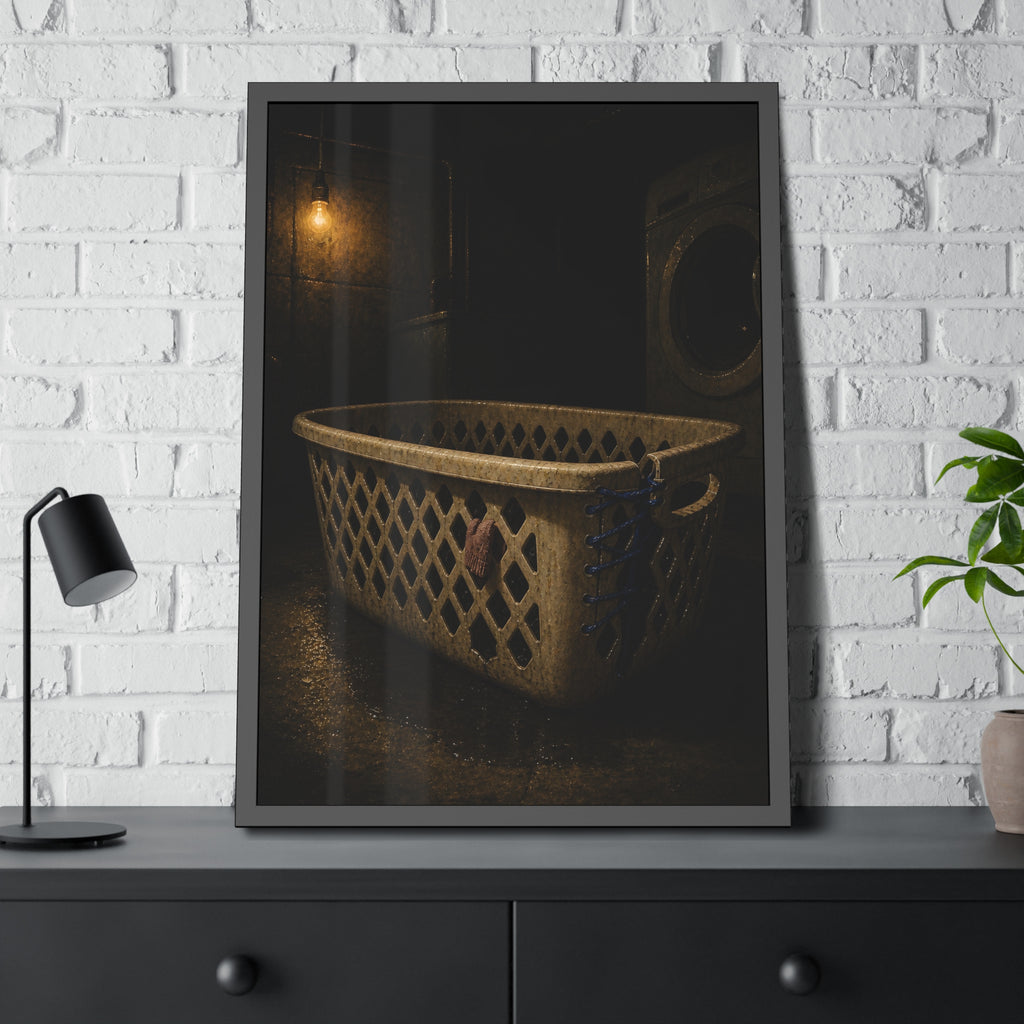 A laundry basket laced shut with blue cord under a bare bulb. The Binding with Blue Cord by Garabaggio, framed fine art print hanging in a room.