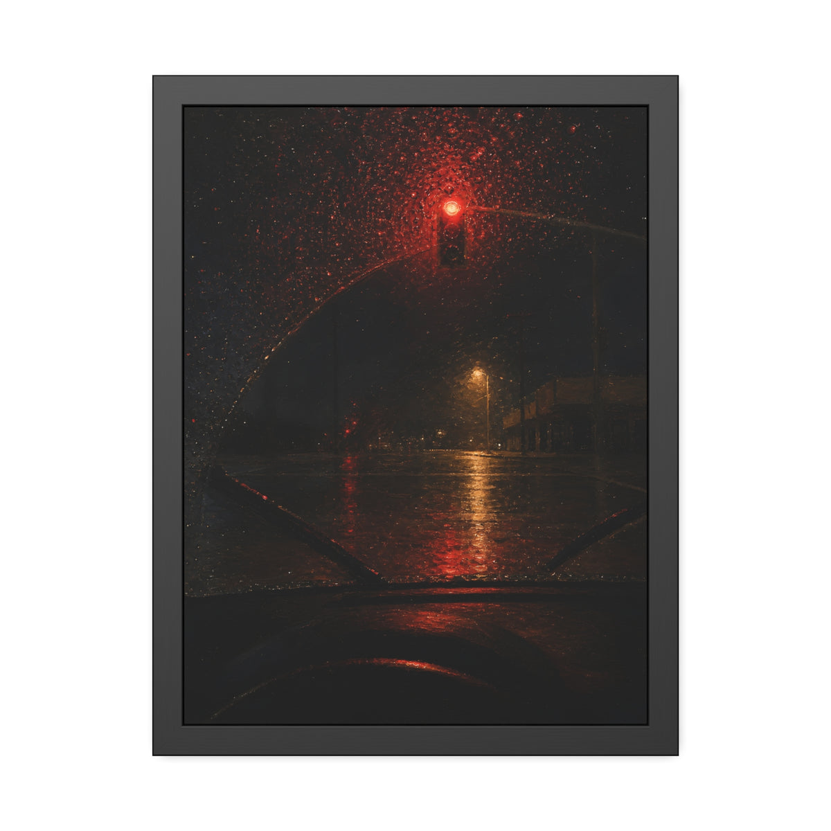 A red traffic light seen through a rain beaded windshield at night. The Windshield at the Red Light by Garabaggio, framed fine art print, 18″ x 24″.