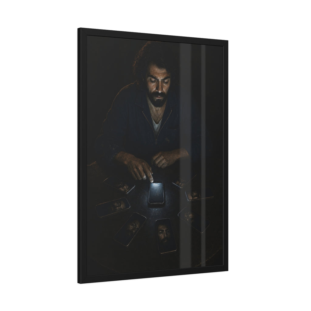 A bearded man at a dark table ringed by phones, one lit screen under his hand. The Congregation of Faces by Garabaggio, framed fine art print hanging in a room.