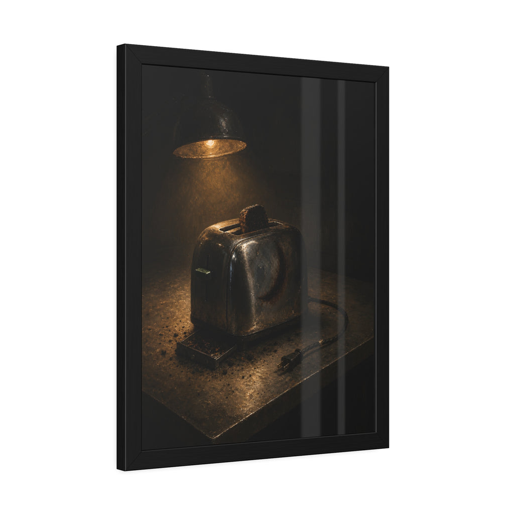 A scorched toaster under a work lamp, burnt toast standing in its slot. The Table of Examination by Garabaggio, framed fine art print hanging in a room.
