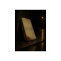 A stained mattress leaning against a wall in rain under a streetlamp. The First Rain by Garabaggio, fine art print, 12″ x 16″.