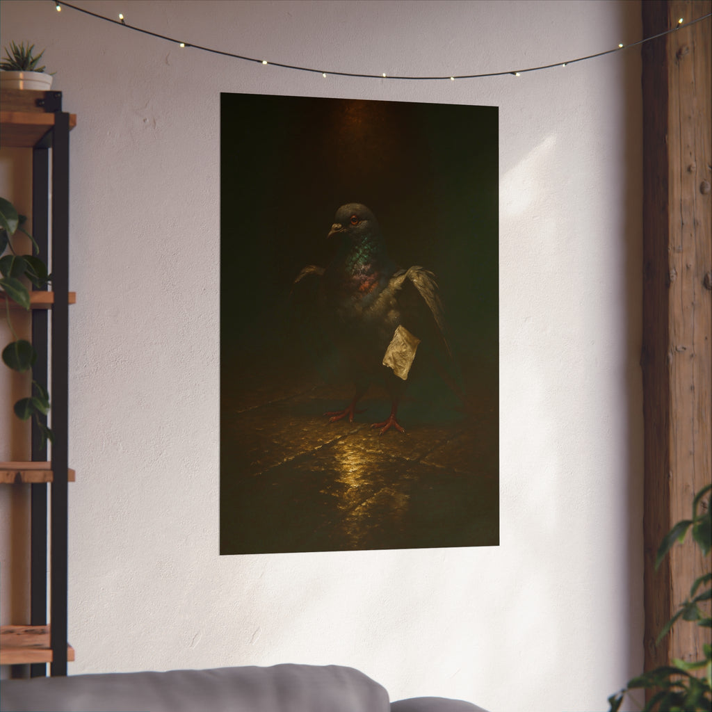 A pigeon with wings half raised, a paper scrap at its side. The Annunciation of the Common Pigeon by Garabaggio, fine art print hanging in a room.