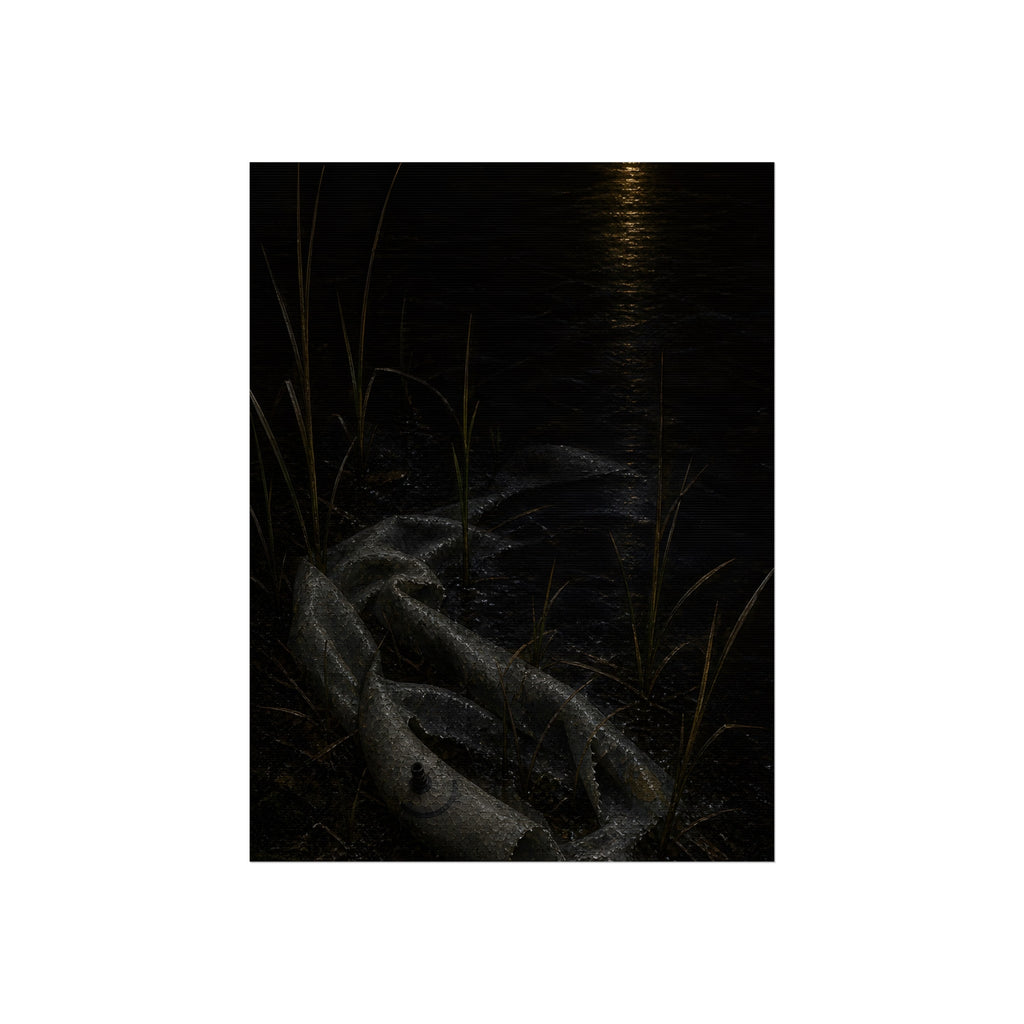 A deflated float slumped in lakeside reeds under a streak of moonlight. Spring Skin in the Reeds by Garabaggio, fine art print, 12″ x 16″.