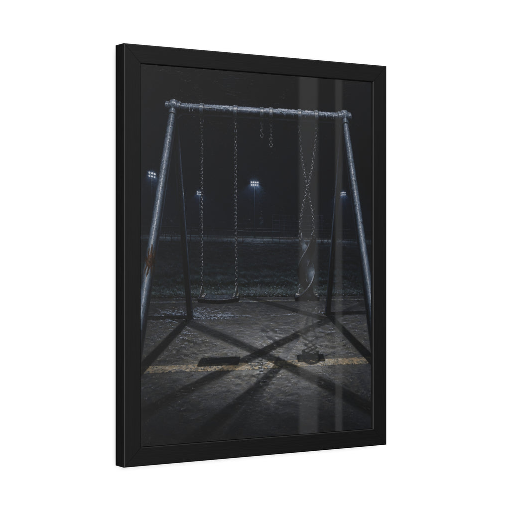 An empty swing set at night with one seat twisted up on its chains. The First Hour: The Twisted Seat by Garabaggio, framed fine art print hanging in a room.