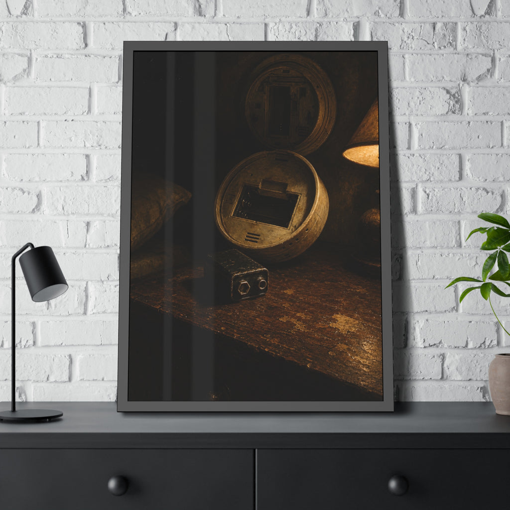 An open smoke detector on a wooden table beside a removed nine volt battery. The Silence After Removal by Garabaggio, framed fine art print hanging in a room.