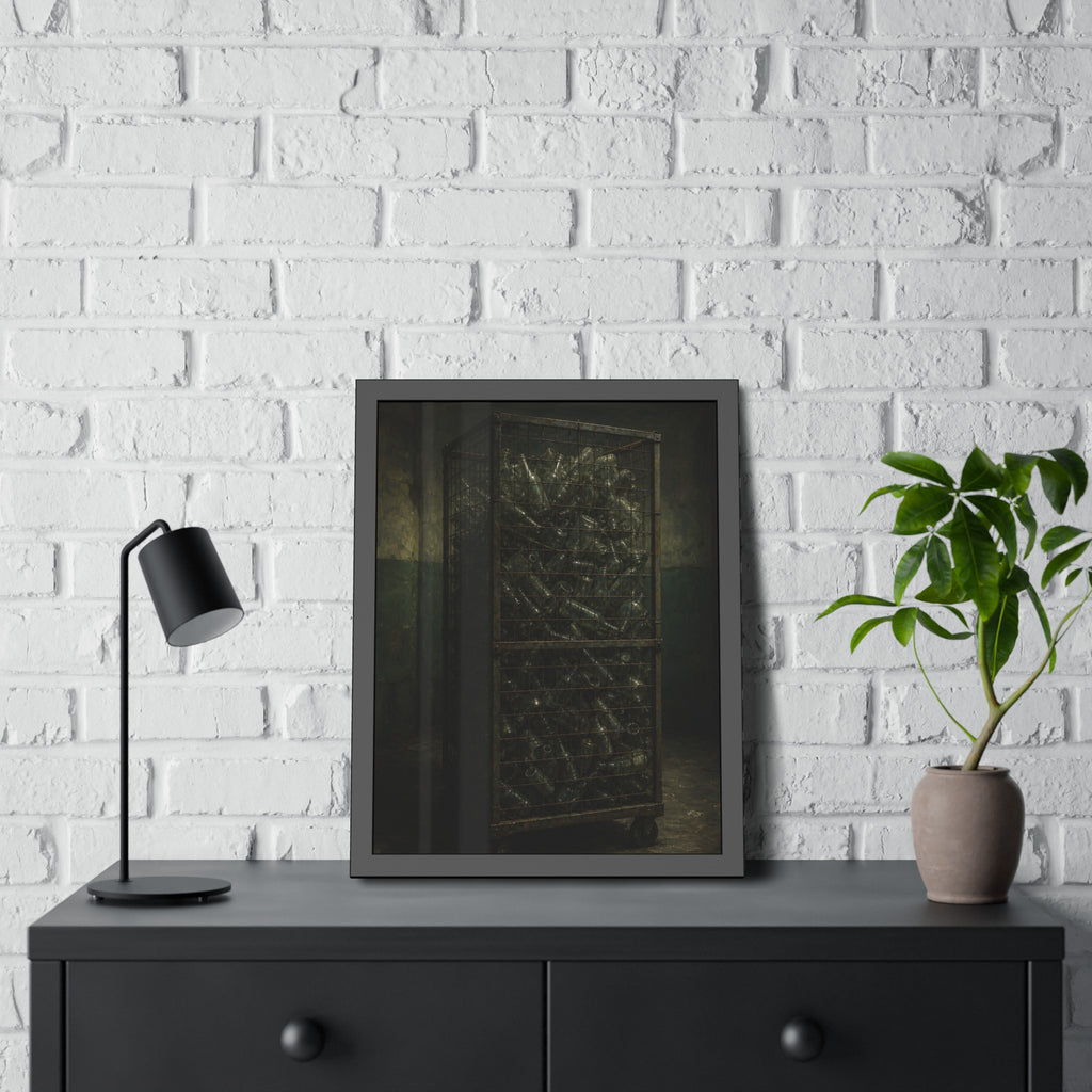 A tall wire cage cart packed with clear bottles in a dim concrete room. The Cage of Clear Glass by Garabaggio, framed fine art print hanging in a room.