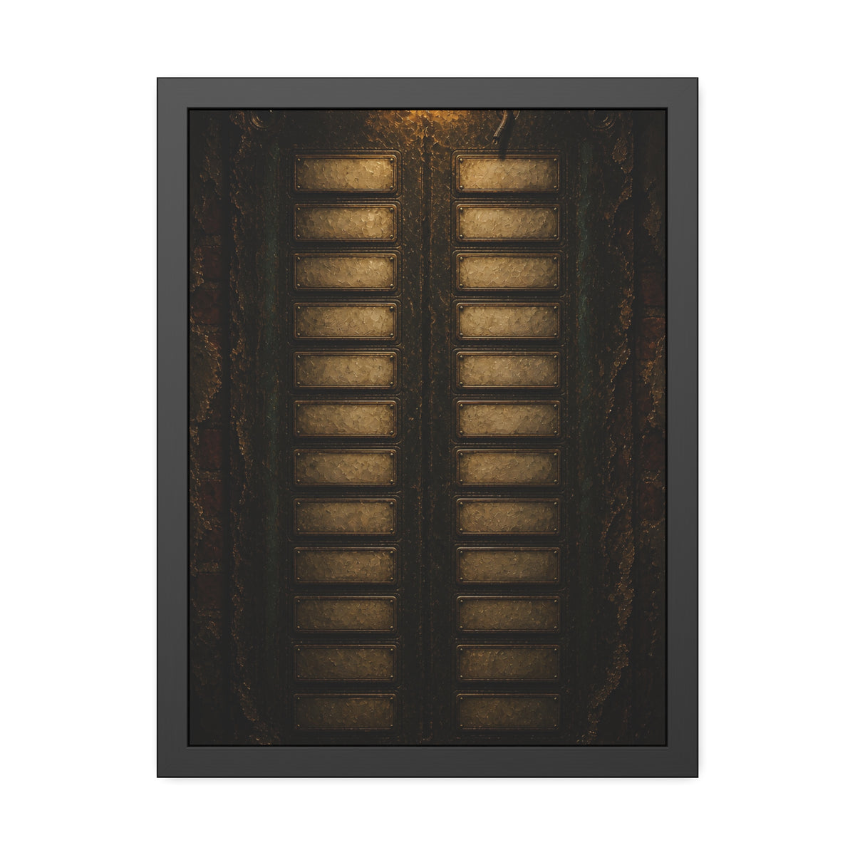 An intercom panel of blank name slots on a weathered building wall. The Names Behind Brass by Garabaggio, framed fine art print, 18″ x 24″.