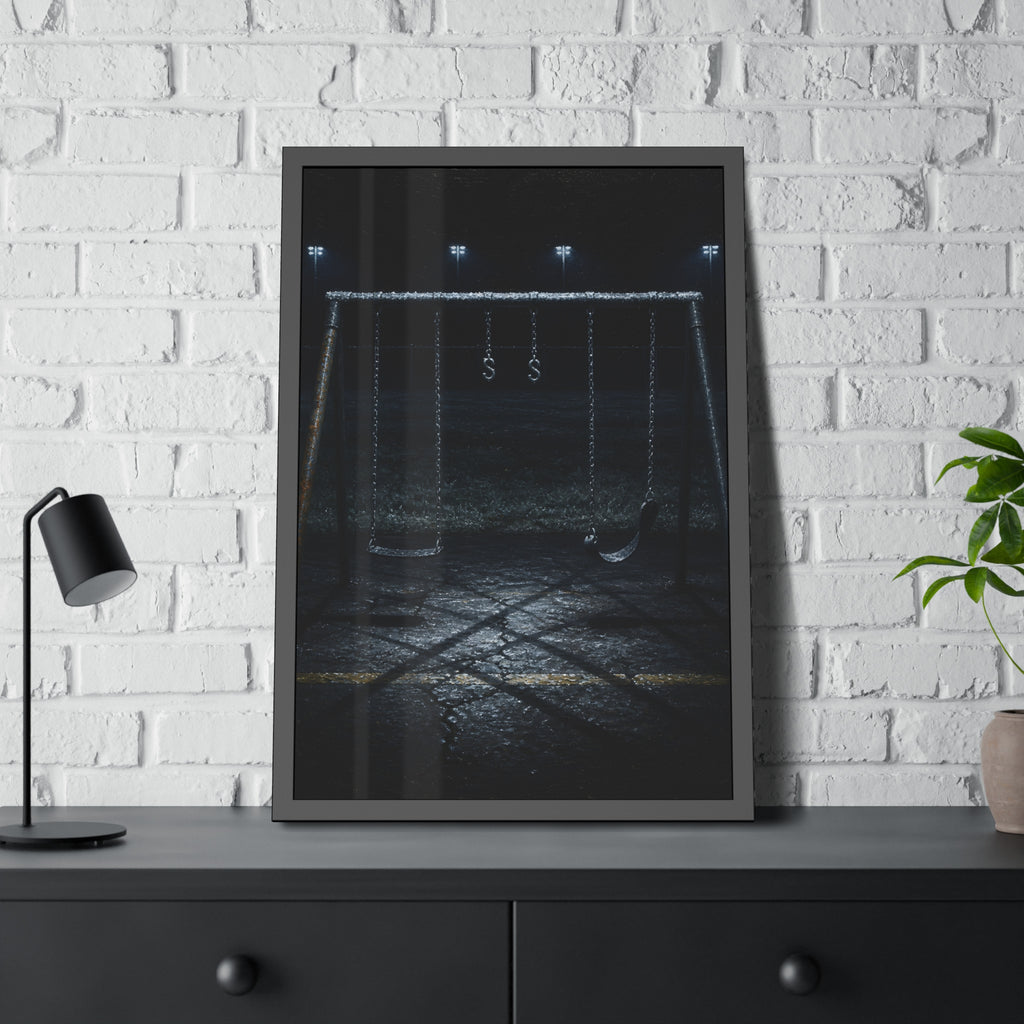 An empty swing set with frost on its crossbar under floodlights. Midnight: The Frost on the Crossbar by Garabaggio, framed fine art print hanging in a room.