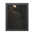 A tangled ball of cables on a hand cart under a caged work lamp. The Cable Harvest by Garabaggio, framed fine art print, 11″ x 14″.