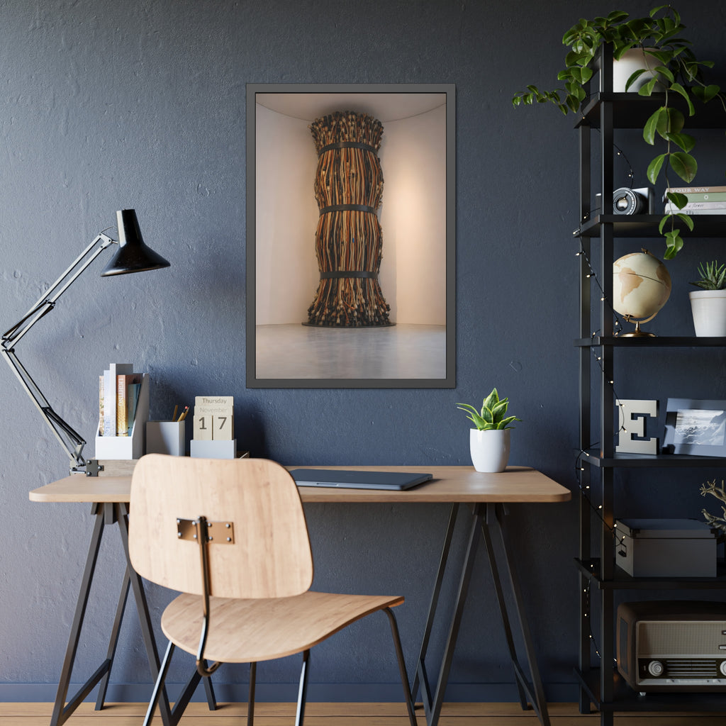 A tall column of bundled cords strapped in three places in a gallery corner. The Bundled Apse by Garabaggio, framed fine art print hanging in a room.