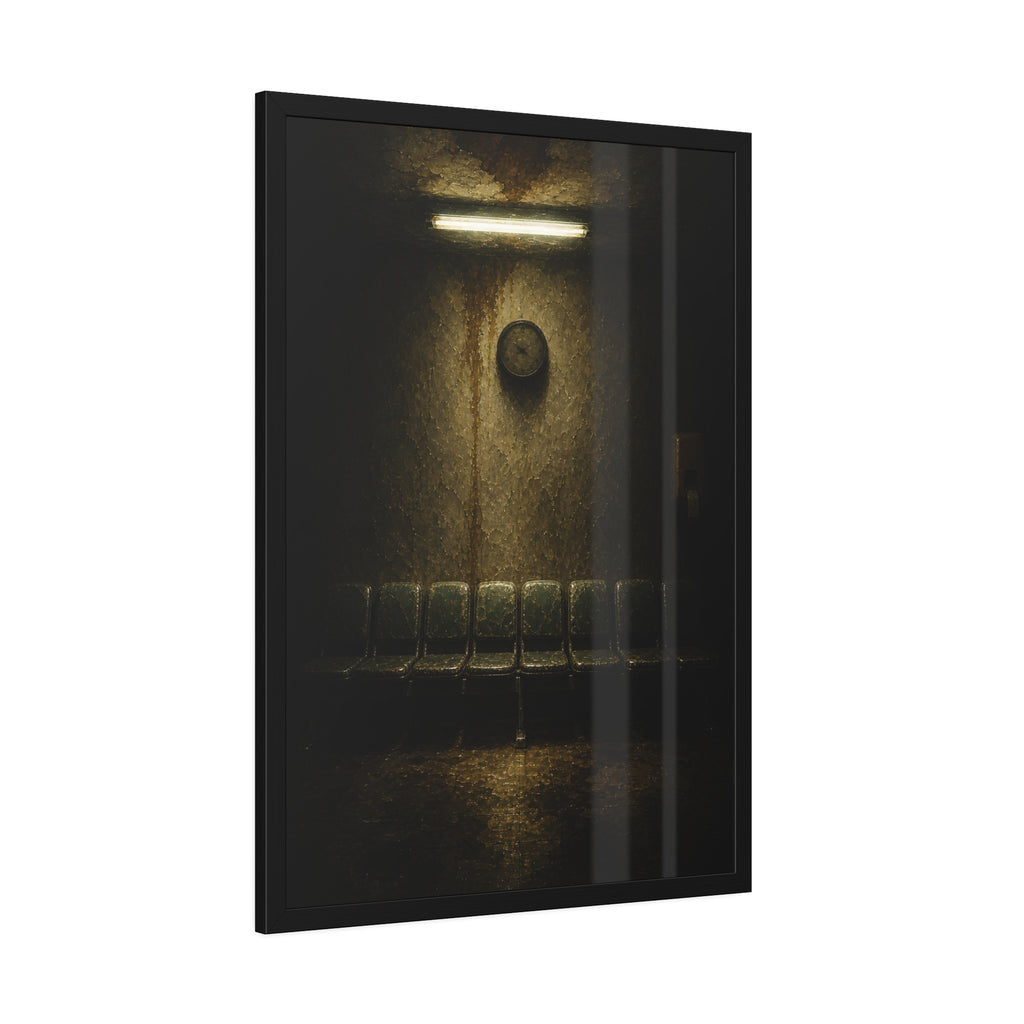 Eight worn seats in a row under a wall clock and one fluorescent tube. Eight Seats and a Clock by Garabaggio, framed fine art print hanging in a room.