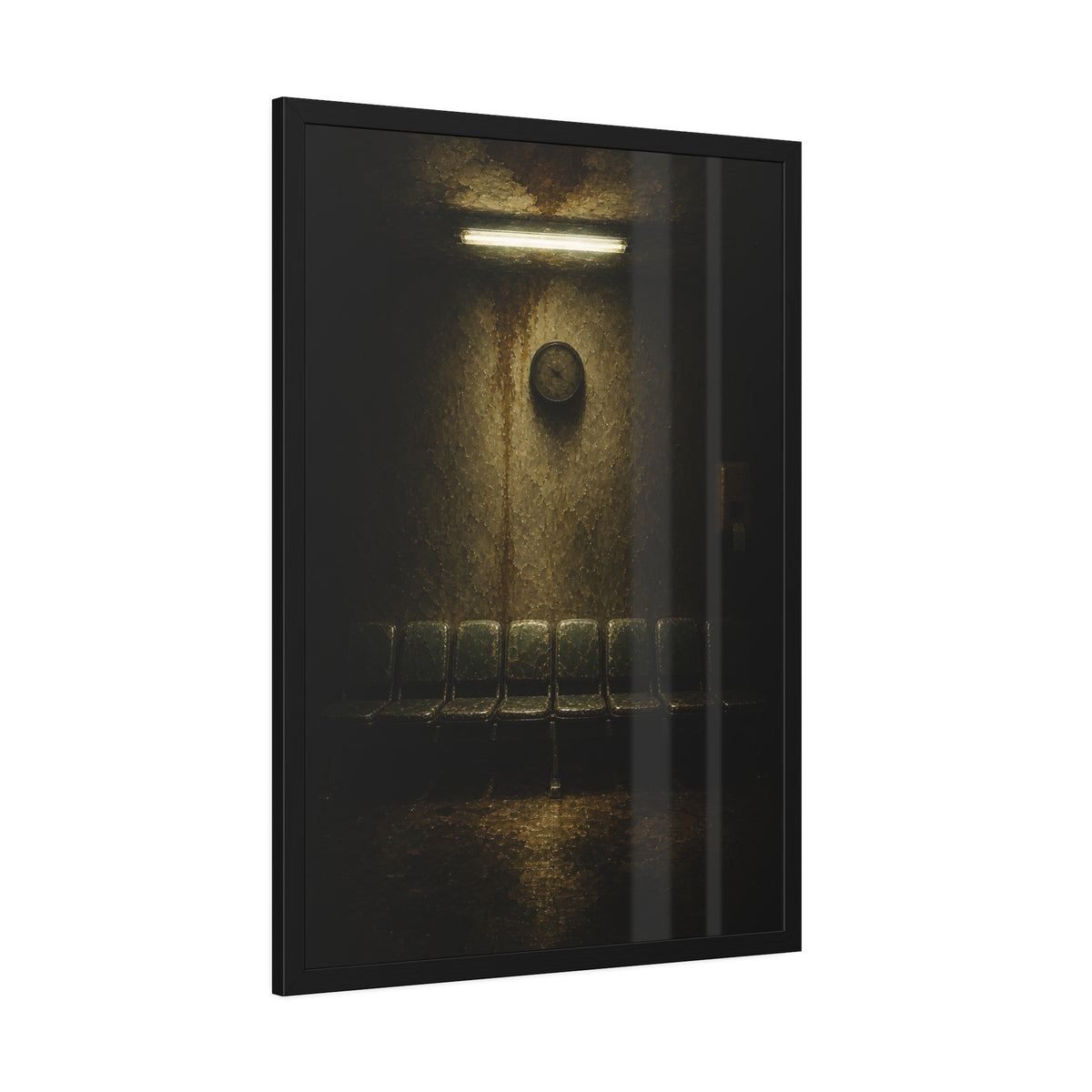 Eight worn seats in a row under a wall clock and one fluorescent tube. Eight Seats and a Clock by Garabaggio, framed fine art print hanging in a room.