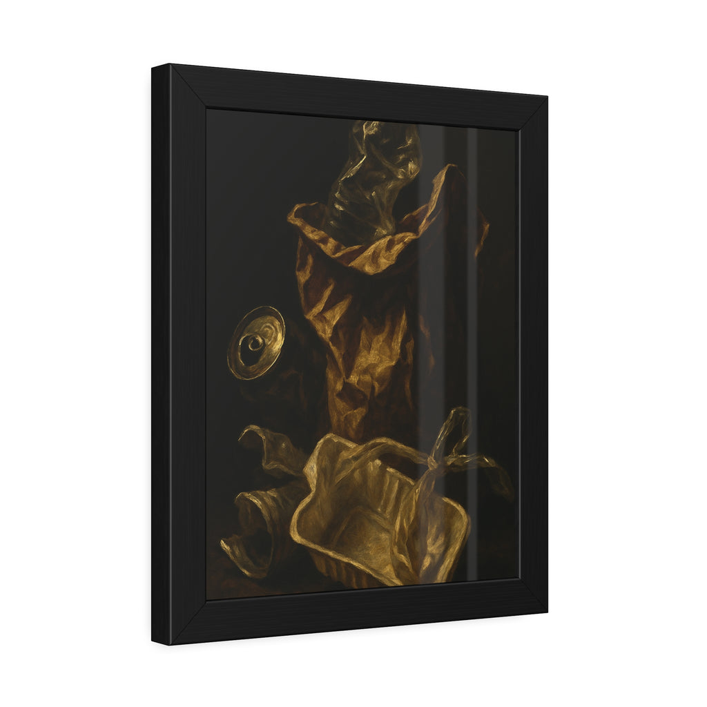 A paper bag, crushed bottle and foil tray lit against deep darkness. Reliquary of the Takeout by Garabaggio, framed fine art print hanging in a room.