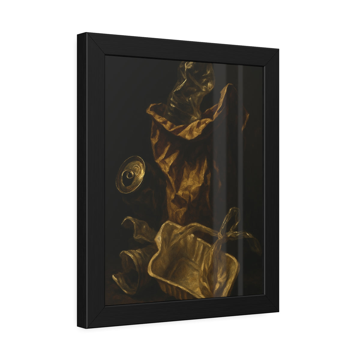A paper bag, crushed bottle and foil tray lit against deep darkness. Reliquary of the Takeout by Garabaggio, framed fine art print hanging in a room.