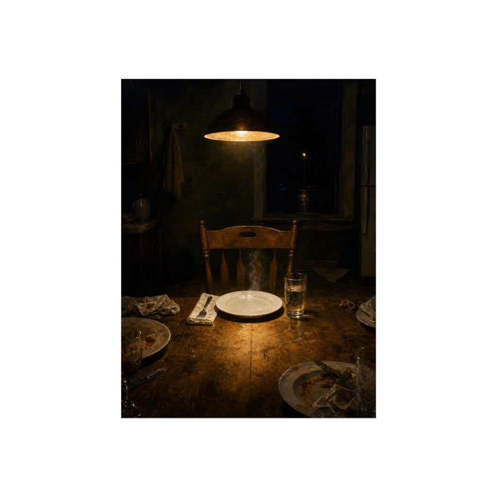 A clean plate and empty chair under a hanging lamp at a used dinner table. The Empty Seat at Dinner by Garabaggio, fine art print, 12″ x 16″.