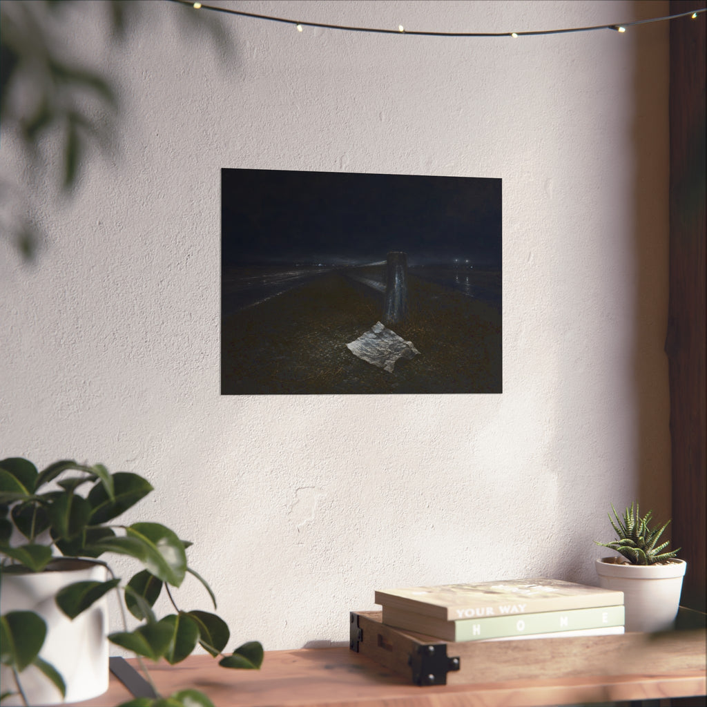 A sheet of paper on a grassy highway median beside a concrete post at night. The Resume on the Median by Garabaggio, fine art print hanging in a room.