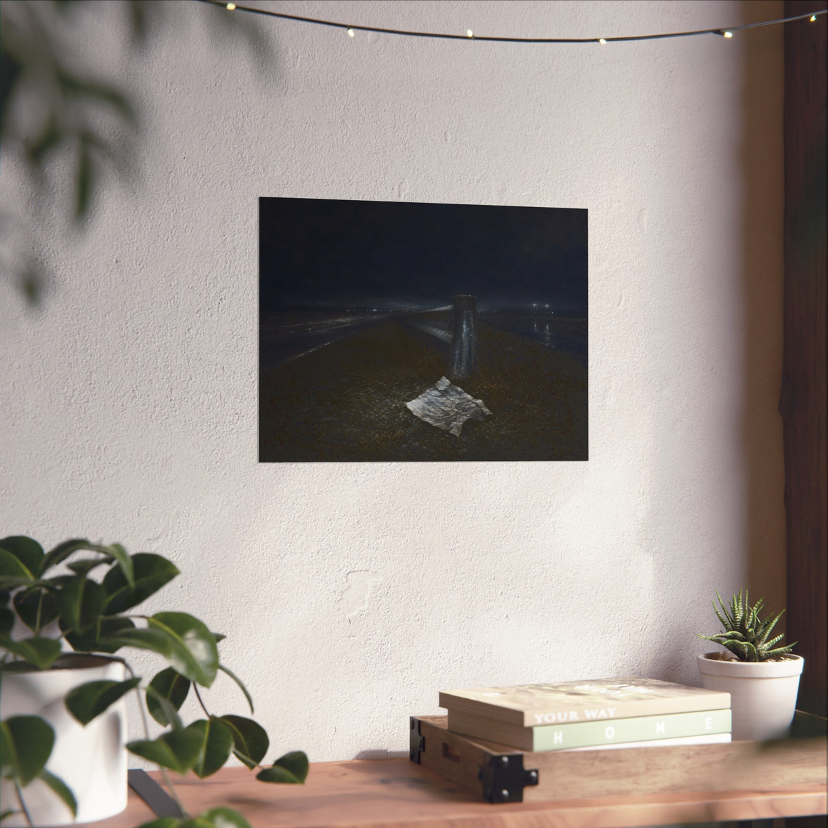 A sheet of paper on a grassy highway median beside a concrete post at night. The Resume on the Median by Garabaggio, fine art print hanging in a room.