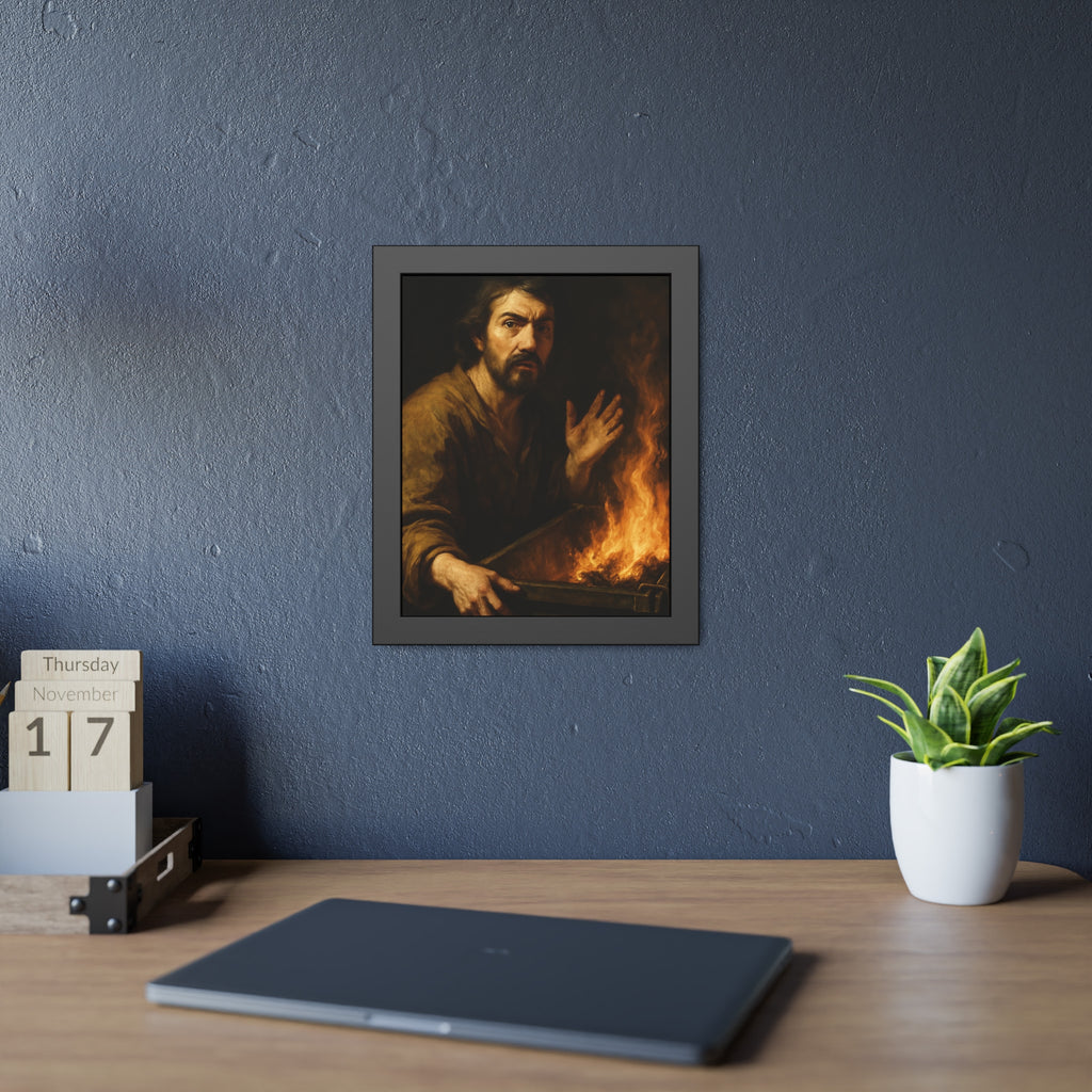 Man gripping the edge of a burning dumpster with one hand raised. Self-Portrait at 3:40 AM by Garabaggio, framed fine art print hanging in a room.