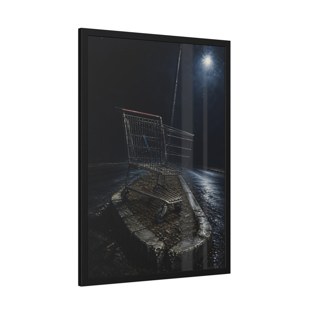 A shopping cart stranded on a stone median under a streetlight. The Crossing of the Median by Garabaggio, framed fine art print hanging in a room.